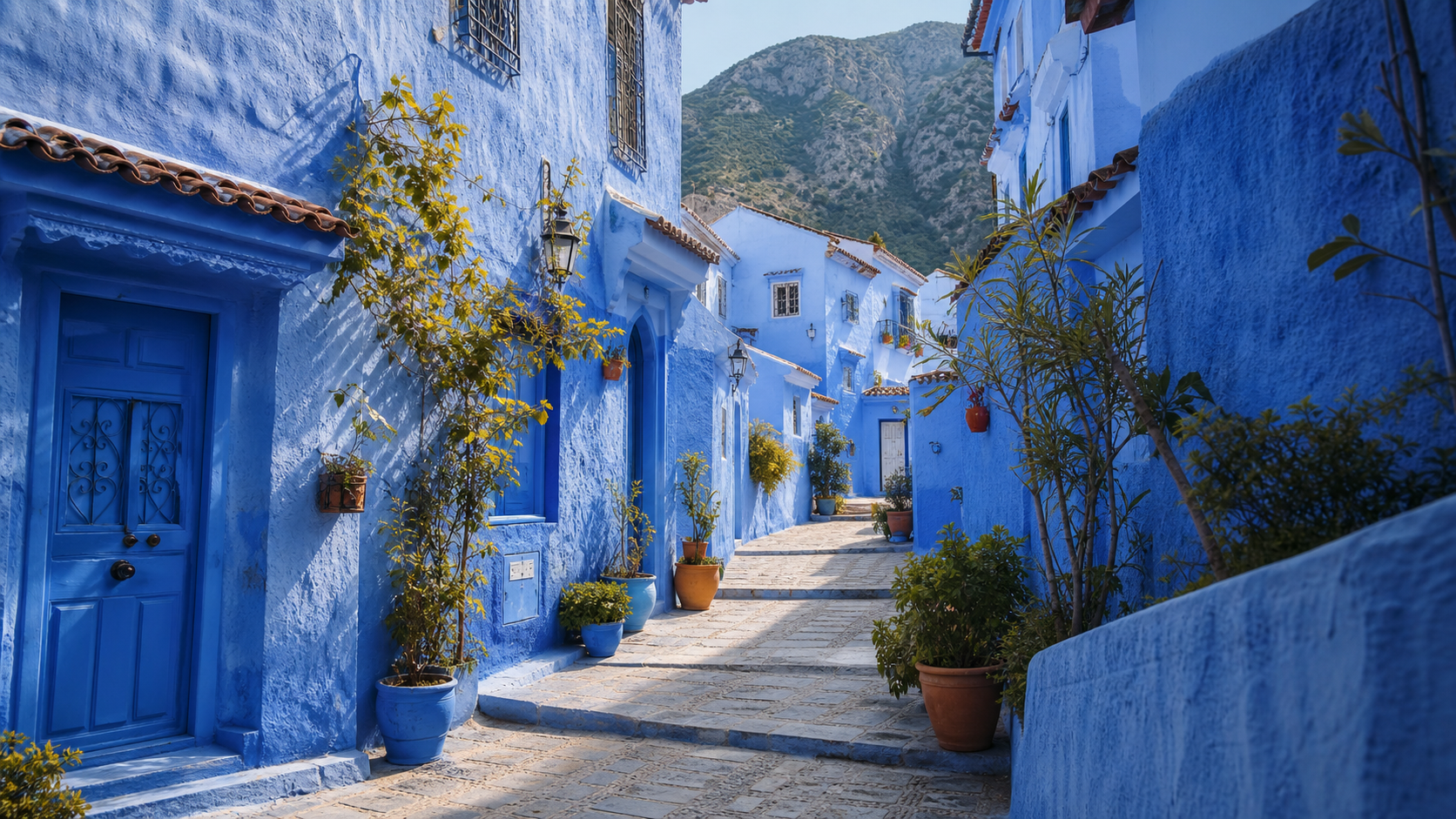 Chefchaouen blue medina lane in the Rif Mountains