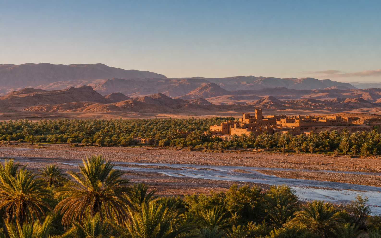 Zagora and Draa Valley palm oasis with kasbah landscape