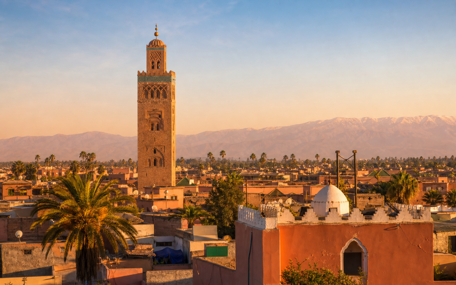 Marrakech Koutoubia Mosque and terracotta medina rooftops