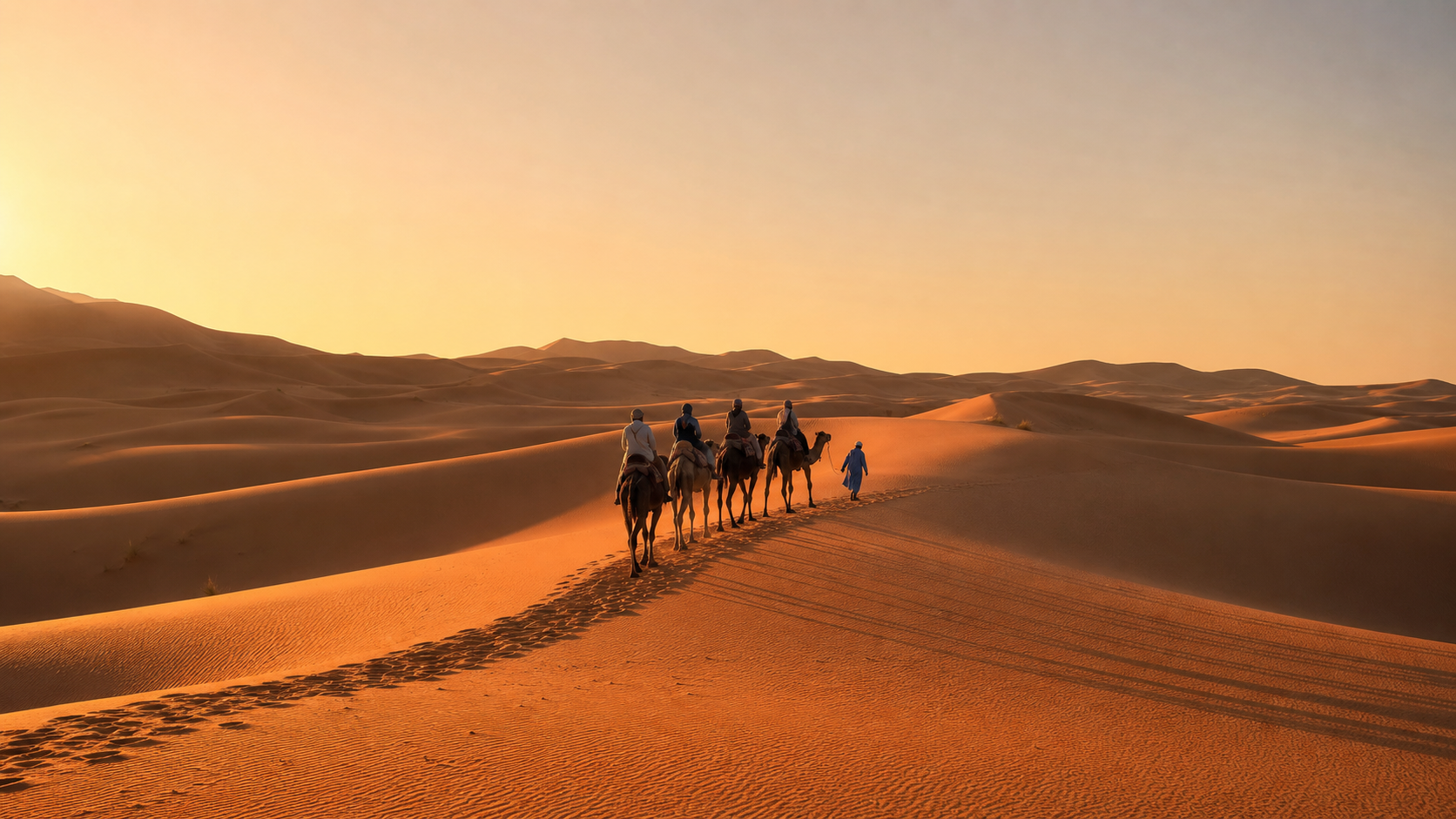 Camel caravan crossing Merzouga dunes at sunrise