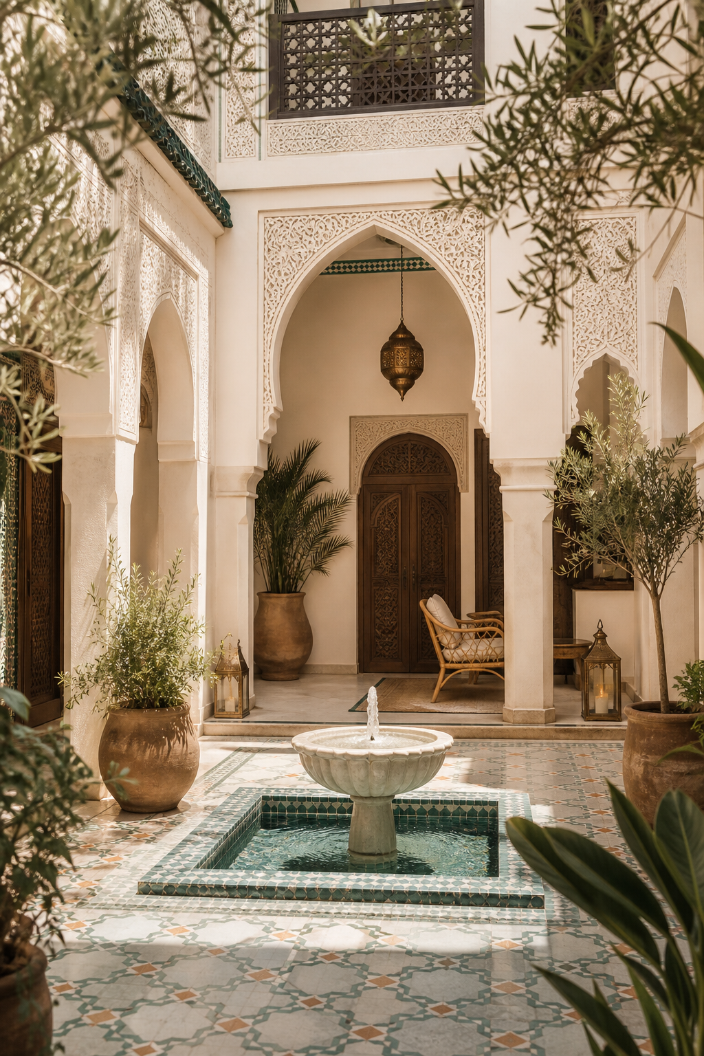 Riad courtyard with traditional Moroccan tiles and fountain