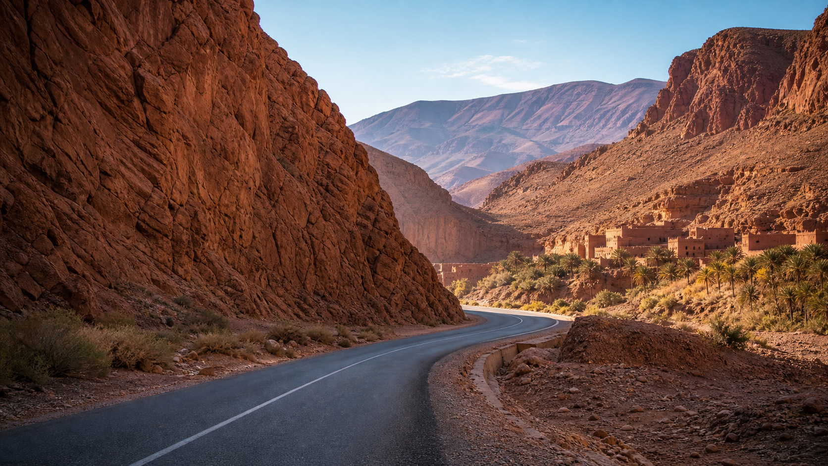 Road through Todra Gorge and southern Morocco cliffs